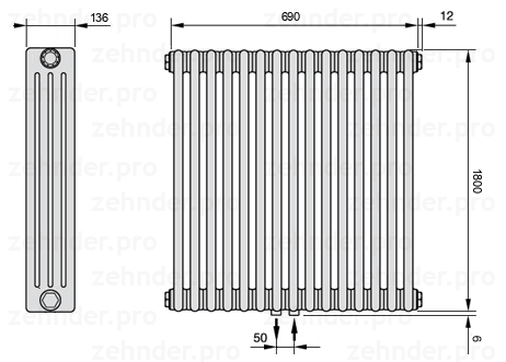 Схема (чертеж) Радиатор Zehnder Charleston 4180/15 №5410 Белый глянцевый RAL 9016